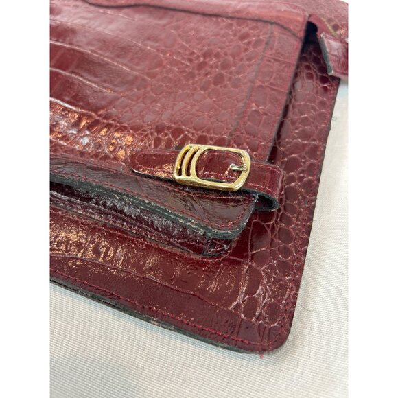 Vintage Burgundy Croc Embossed Leather Handbag Gold Hardware Top Handles Elegant - Picture 4 of 13
